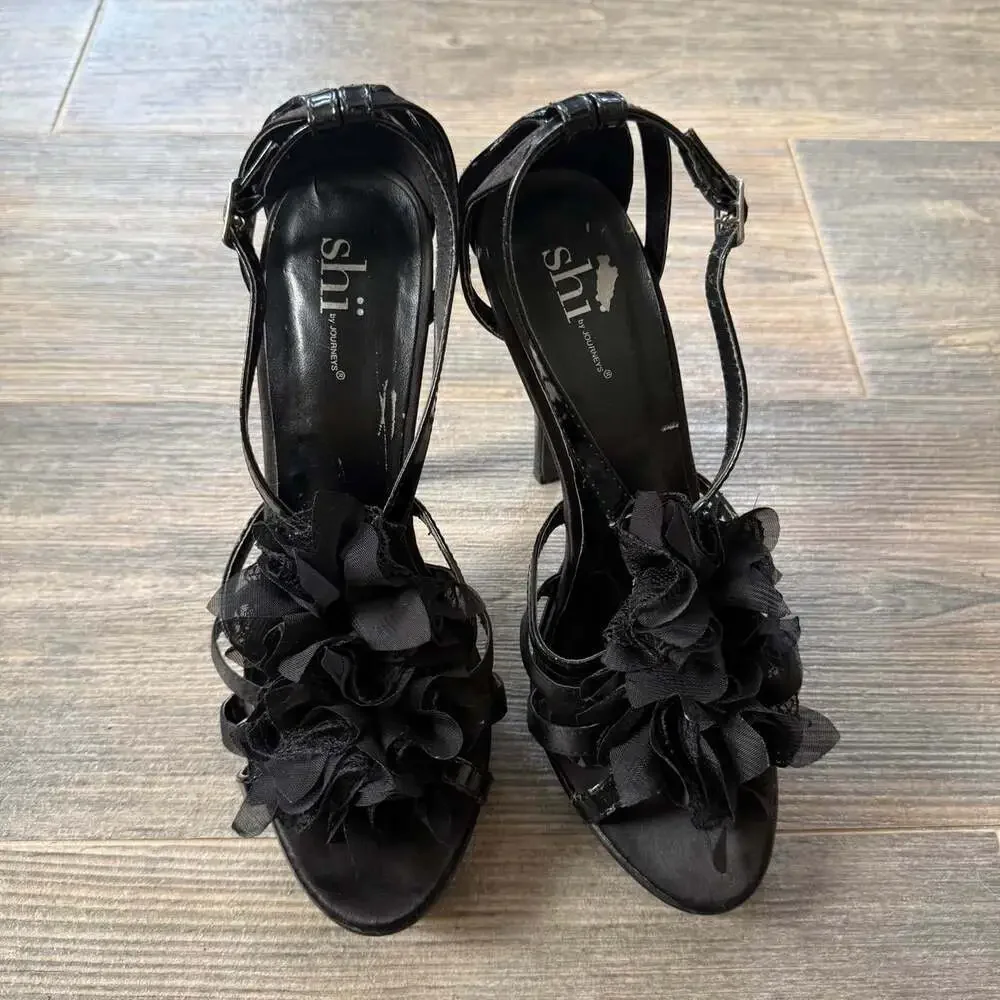 Shi Women's Black Platform open toe Heel Vintage Y2K Ruffle Flower